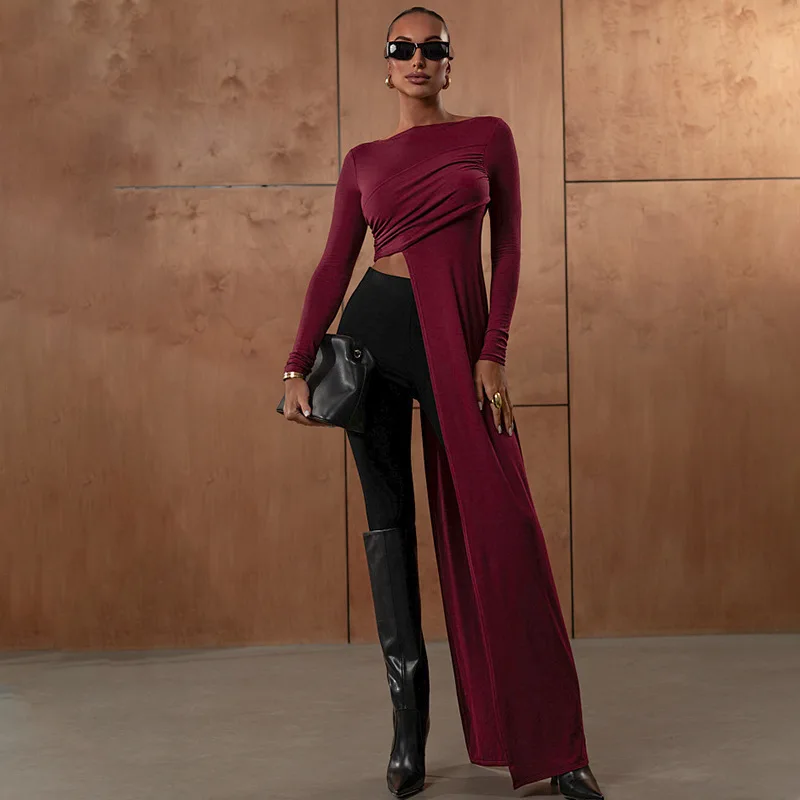 

Элегантная женская футболка нестандартной формы, однотонный укороченный топ с длинными рукавами, осень-зима 2024, новая популярная уличная одежда, сексуальные наряды для вечеринок в ночном клубе