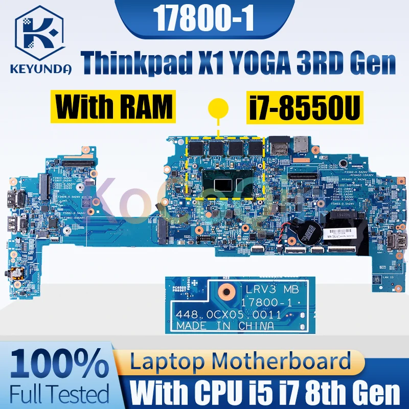 

17800-1 For Lenovo Thinkpad X1 Yoga 3rd Gen Notebook Mainboard i5-8250U i7-8550U RAM 8G 5B20V133 01YN200 Laptop Motherboard test