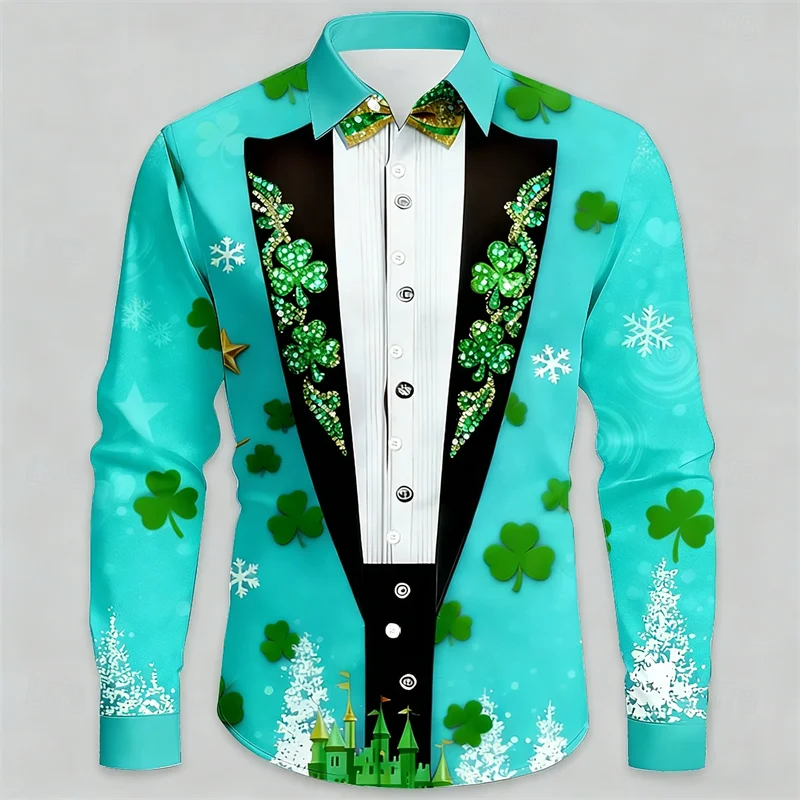 New long sleeved high-end men's shirt 3D clover print snowflake daily street style shirt loose and comfortable top
