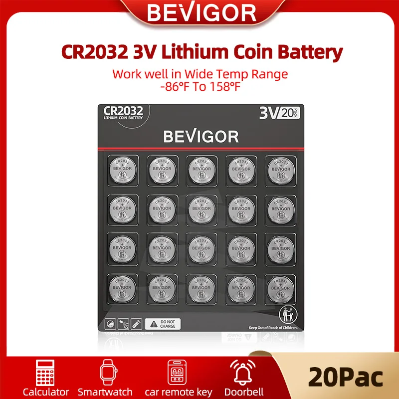 

BEVIGOR 2032 Battery Compatible with AirTag CR2032 Lithium 3V Coin Battery for Child Safety, Suitable for Key Fobs Smart Sensors