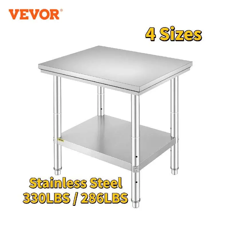 VEVOR Kitchen Work Bench Commercial Catering Table Worktable with Undershelf Stainless Steel 330LBS 286LBS for Restaurant Garage