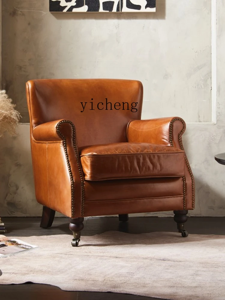 ZC Vintage Genuine Leather Wingback Chair Bedroom Study Single Sofa Cowhide High Back Recliner