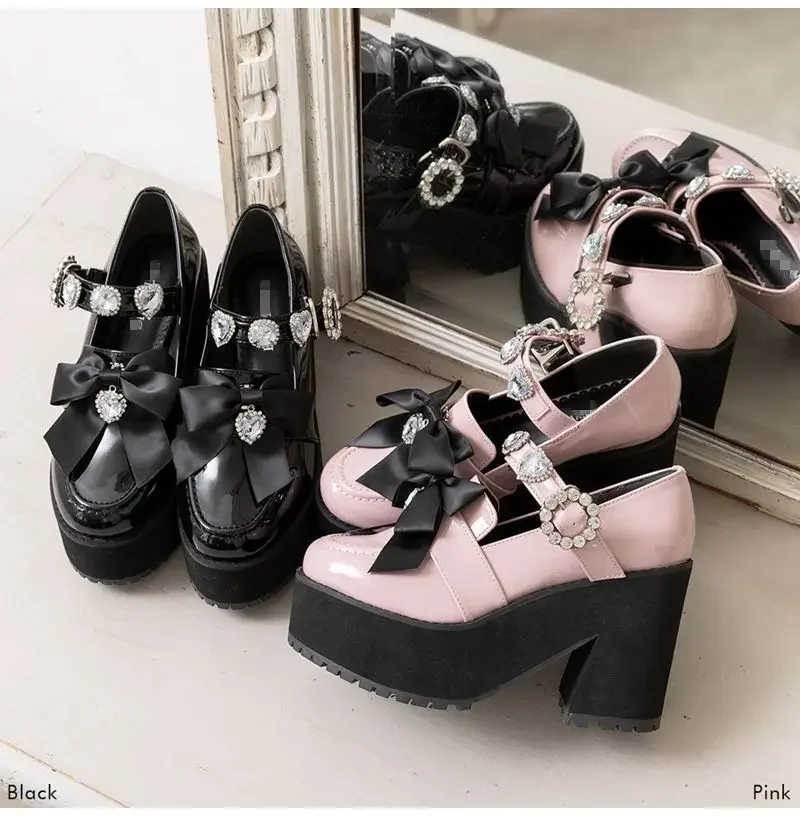 

Japanese Rhinestone Love Heart Bow Tie Lolita Mine Mass-Produced Platform Mary Jane Shoes Pink Pumps Girl Women's Shoes