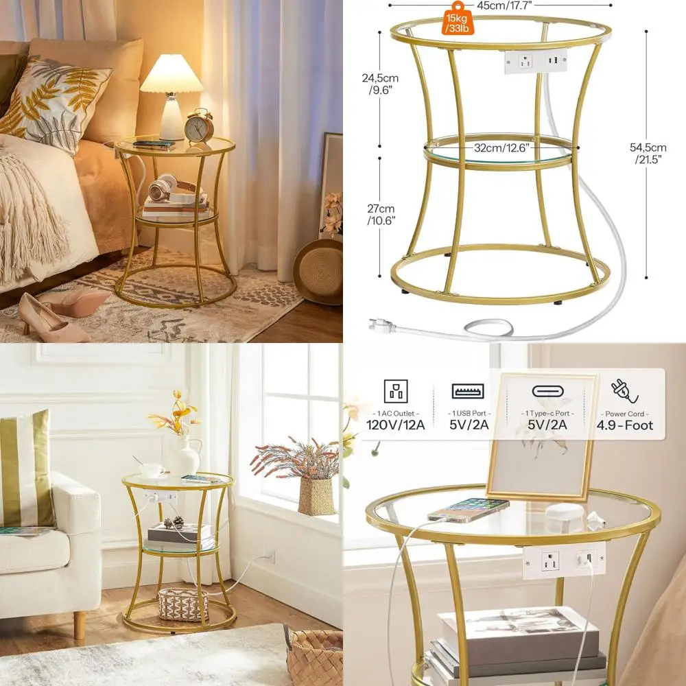 

2-Tier Glass Top Accent Table with Charging Station for Compact Spaces