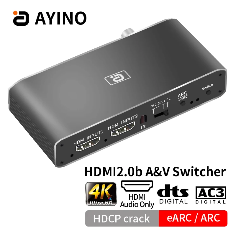 HDMI2.0b Switcher 2 In 1 Out eARC Audio Splitter 7.1CH ATMOS AUX Coaxial Optical DAC Extractor Decoding CEC HDCP2.2 Crack HD375