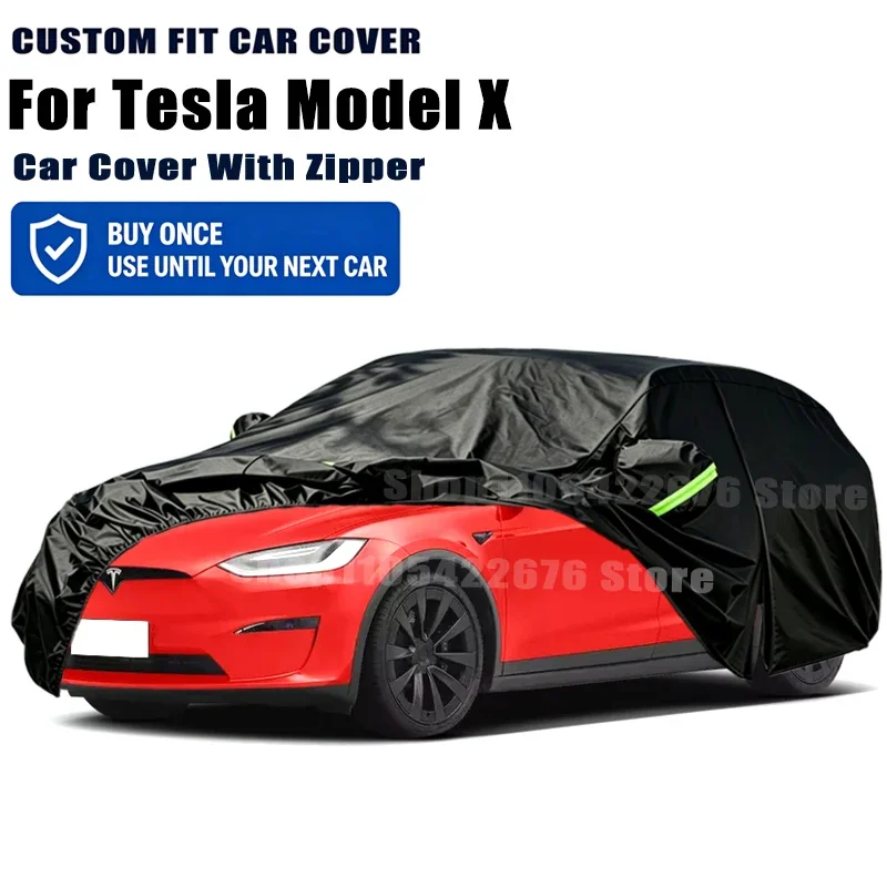 For Tesla Model X Outdoor Full Car Cover With Zipper Snow Cover Sunshade Waterproof Dustproof Exterior Protection
