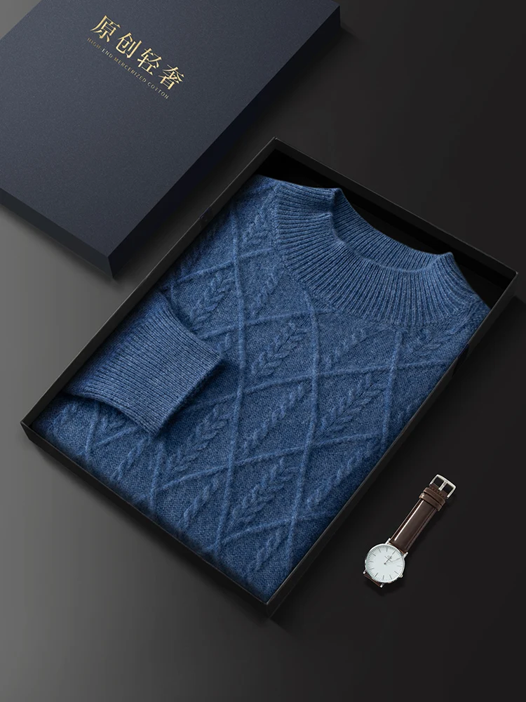 Мужской свитер из 100% кашемира с ромбовидной сеткой, маленький витой цветок, пуловер с воротником-стойкой, осень-зима, плотный элегантный повседневный трикотаж, топы