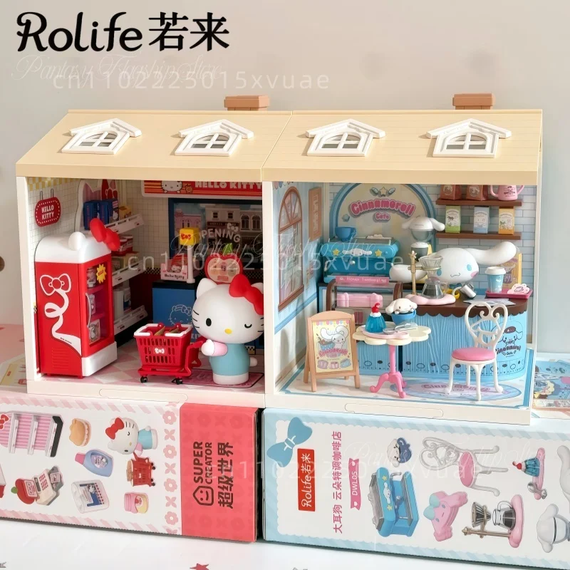 New Rolife Sanrio Building Blocks Hello Kitty Supermarket Cinnamoroll Coffee Shop Assembly Model Toy Ornament Girl Birthday Gift