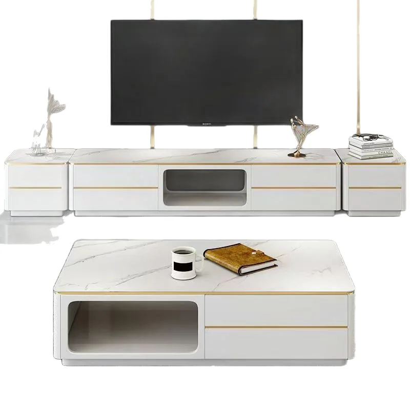 Rock slab TV cabinet coffee table combination luxury small apartment tempered glass TV cabinet floor cabinet