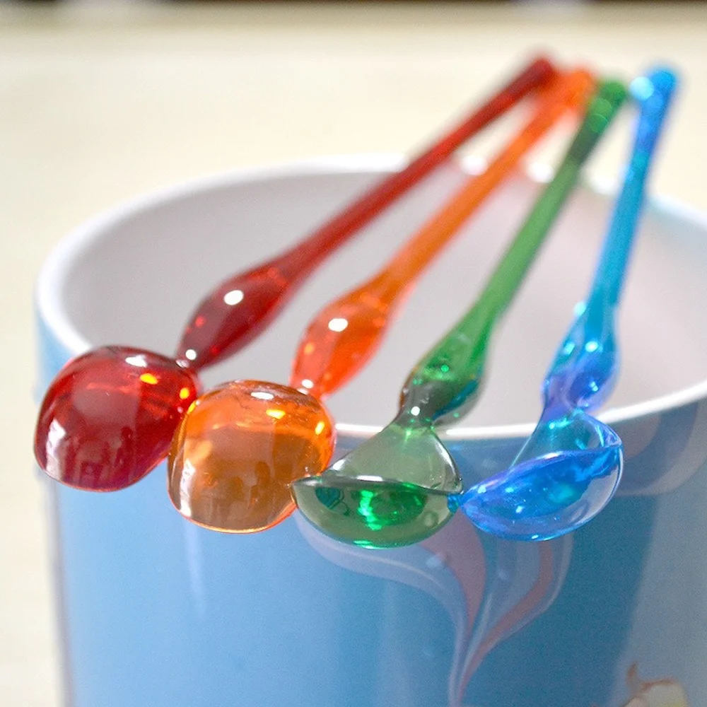 4Pcs Acrylic Stick Short Coffee Spoons Long Handled Mixing Spoon Set Cold Drink Fruit Ice Cream Dessert Tea Scoop Ladle