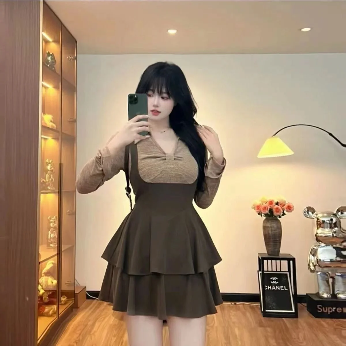 

Юбка-трапеция больших размеров (до 300 фунтов) для женщин, в корейском стиле, с высокой талией, скрывающая недостатки фигуры, с длинными рукавами, в студенческом стиле, короткая, многоярусная.