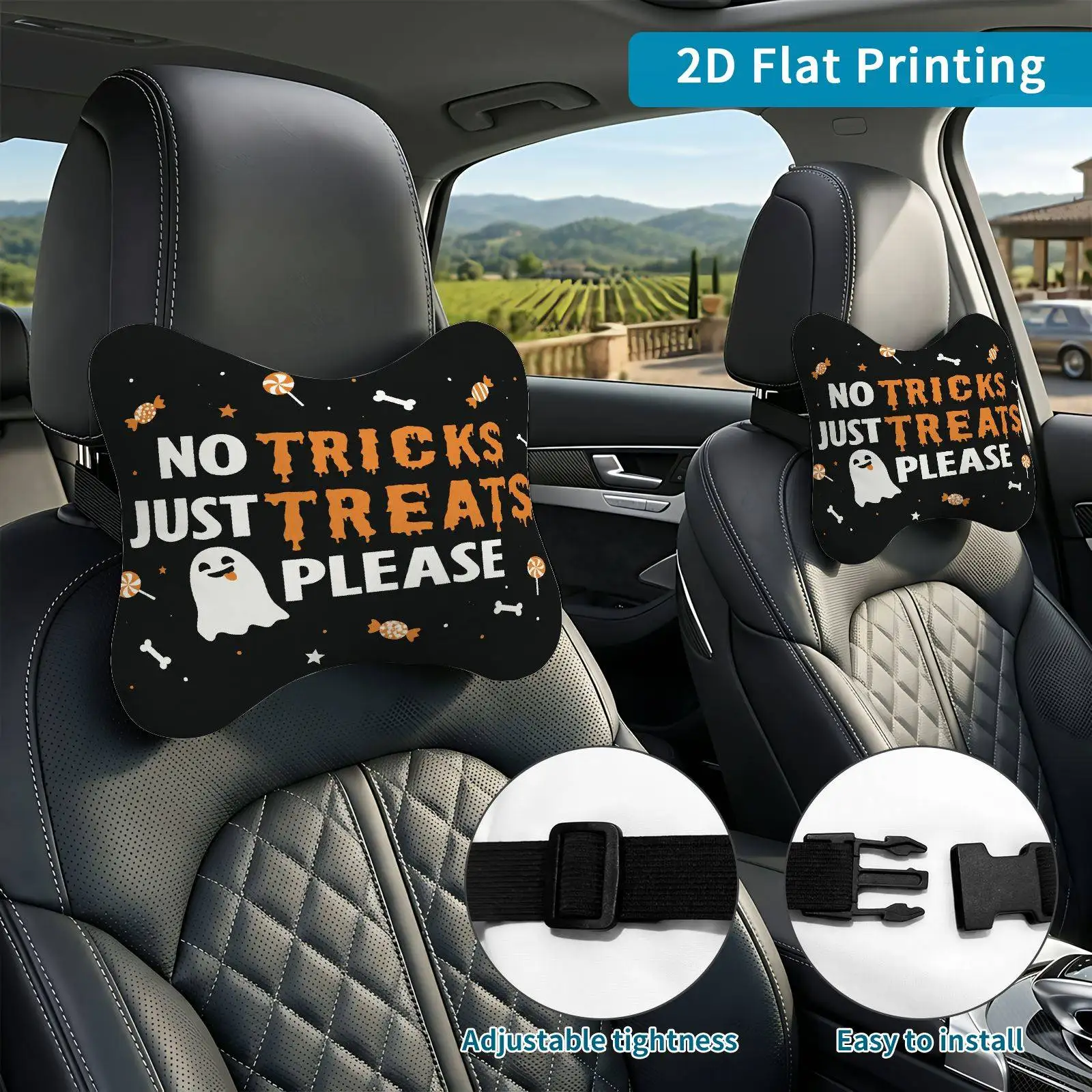 2pcs Halloween Ghost Candy Car Seat Headrest, Neck Support Cushion, Suitable For All Seasons Of Car Additions, Halloween Ghost C