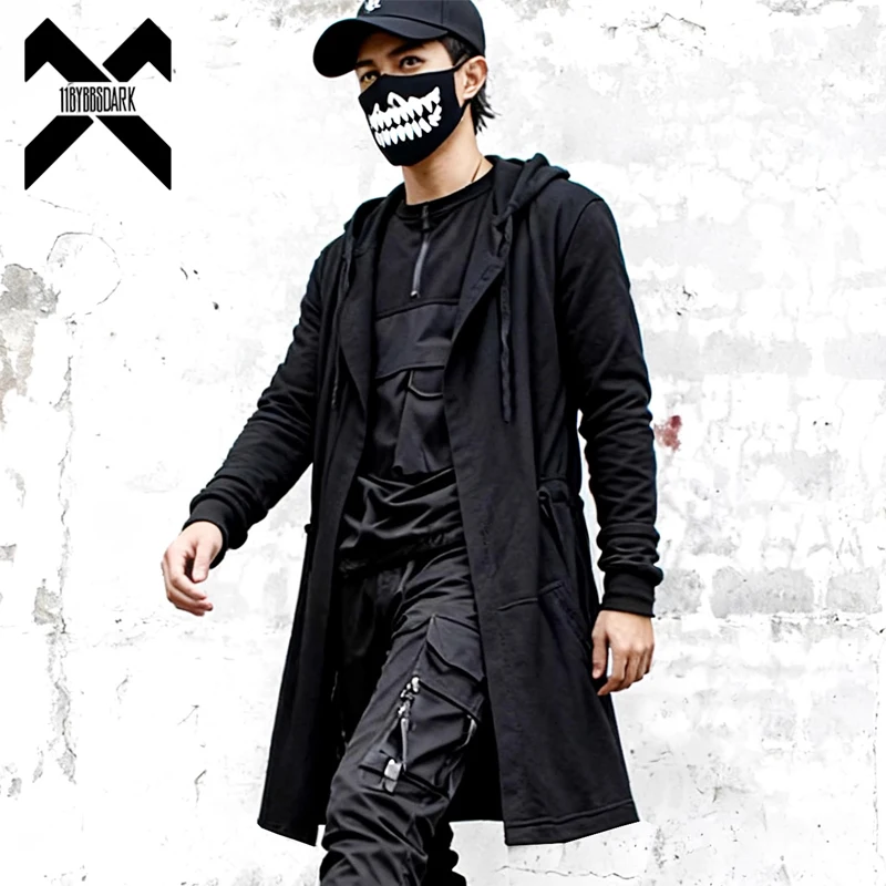 Men's Trench Jacket Windbreaker Men 2026 Gothic Punk Streetwear Long Jacket Coat Hoody Clothes Black