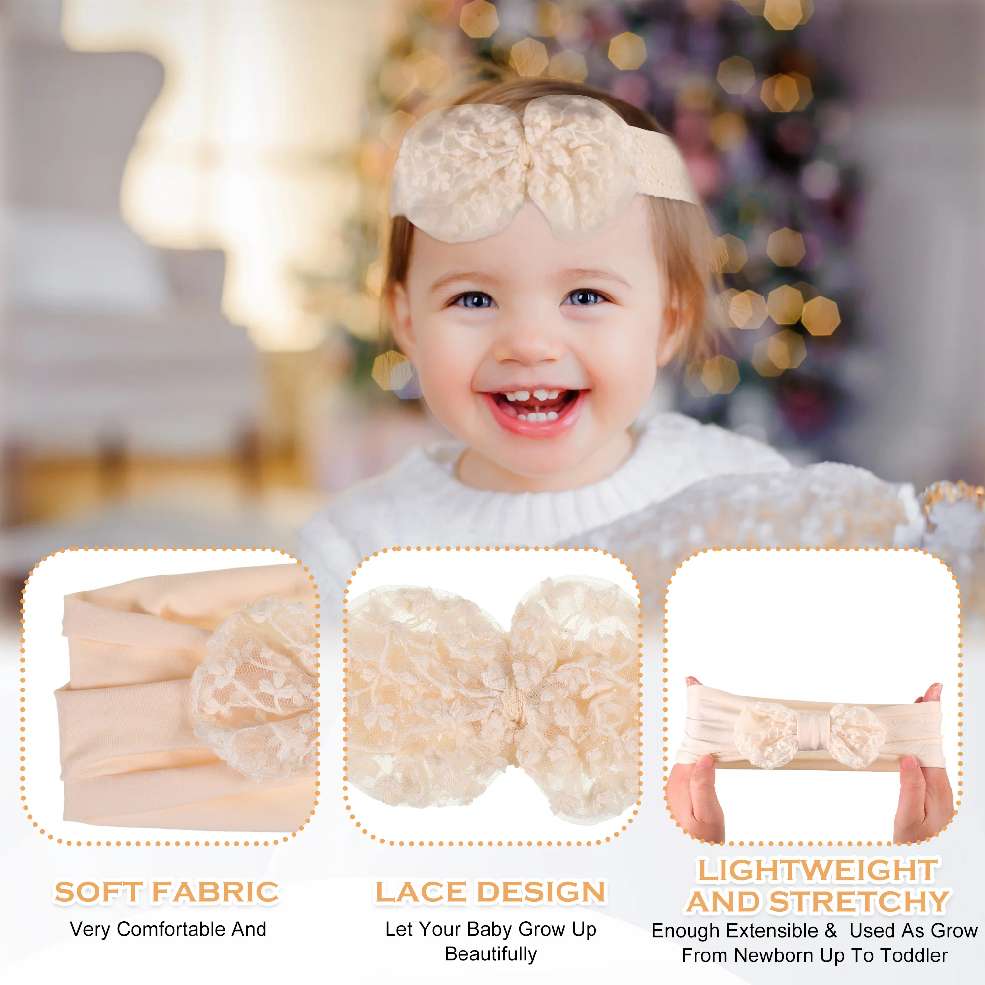 3x Beige Soft And Comfortable Baby Girl Bows Headband Gifts Wide Application Stylish And Cute