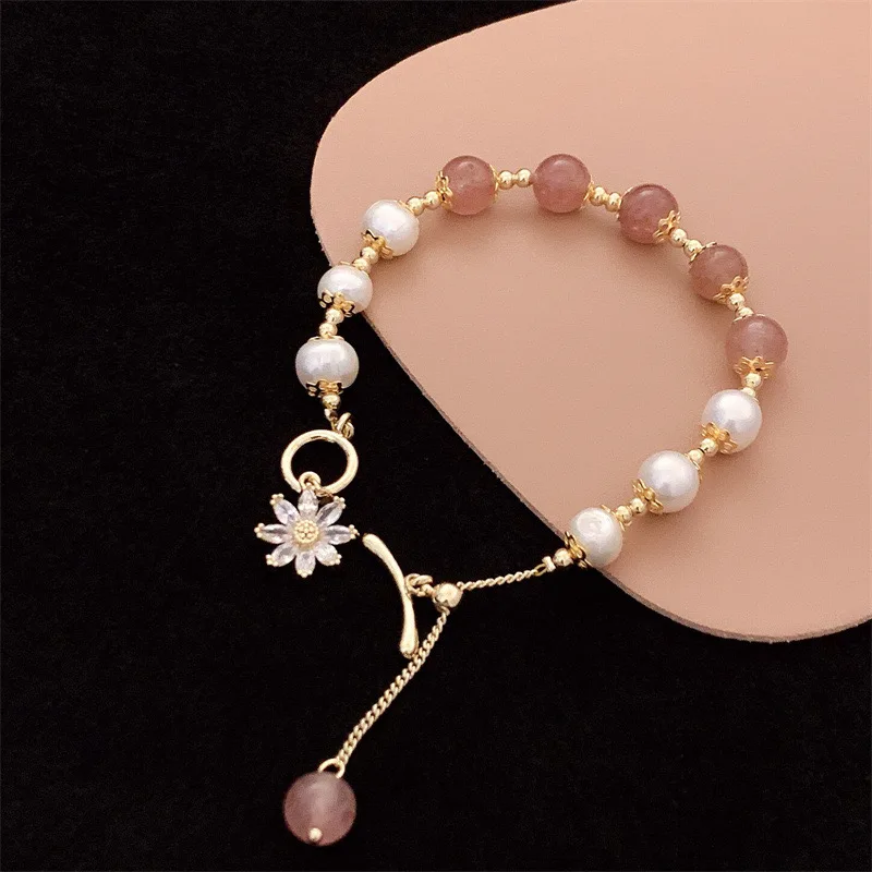 New Arrival Elegant Sunflower 14K Gold Filled Natural Freshwater Pearl & Strawberry Quartz Ladies Charm Bracelets Jewelry Gifts