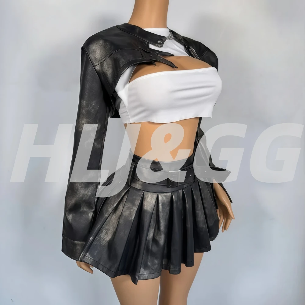 HLJ&GG Balck Fashion Punk Rock Leather Two Piece Sets Women Button Long Sleeve Crop Jacket+Belt Pleated Skirts Outfit Streetwear view 2