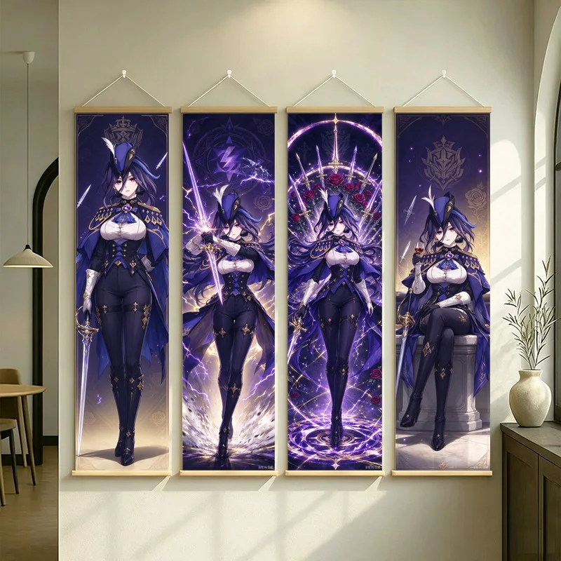 Hanging Scroll Wall Art of Genshin Impact Clorinde in Dark Purple Lightning on Silver Shimmer Canvas for a Gaming Room