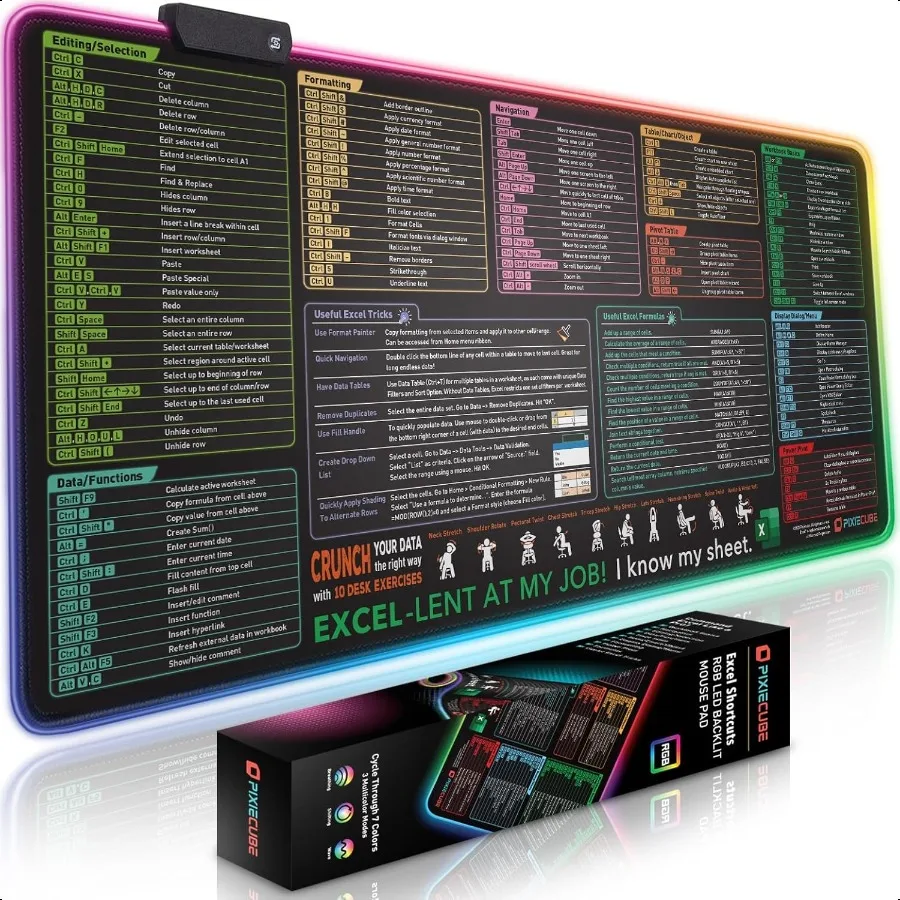 

Клавиши Excel сочетающиеся, светодиодный коврик для мыши, цветной RGB светящийся удлиненный большой шпаргалка, игровой коврик для мыши, офисный коврик для ПК, клавиабоа