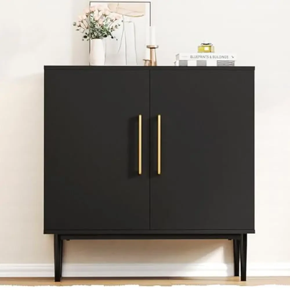 Modern Black Accent Cabinet Storage Sideboard Widened Shelves Gold Handle Anti-Dumping Design Living Room Hallway Organizer