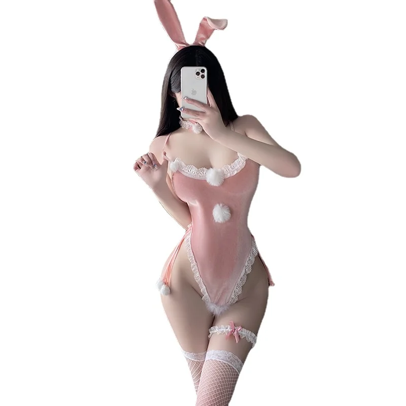 Womens Red Velvet Bunny Girl Suit Cosplay Costumes Kawaii One Piece Bodysuit Lace Sexy Lingerie Anime Role Jumpsuit Rabbit Sets
