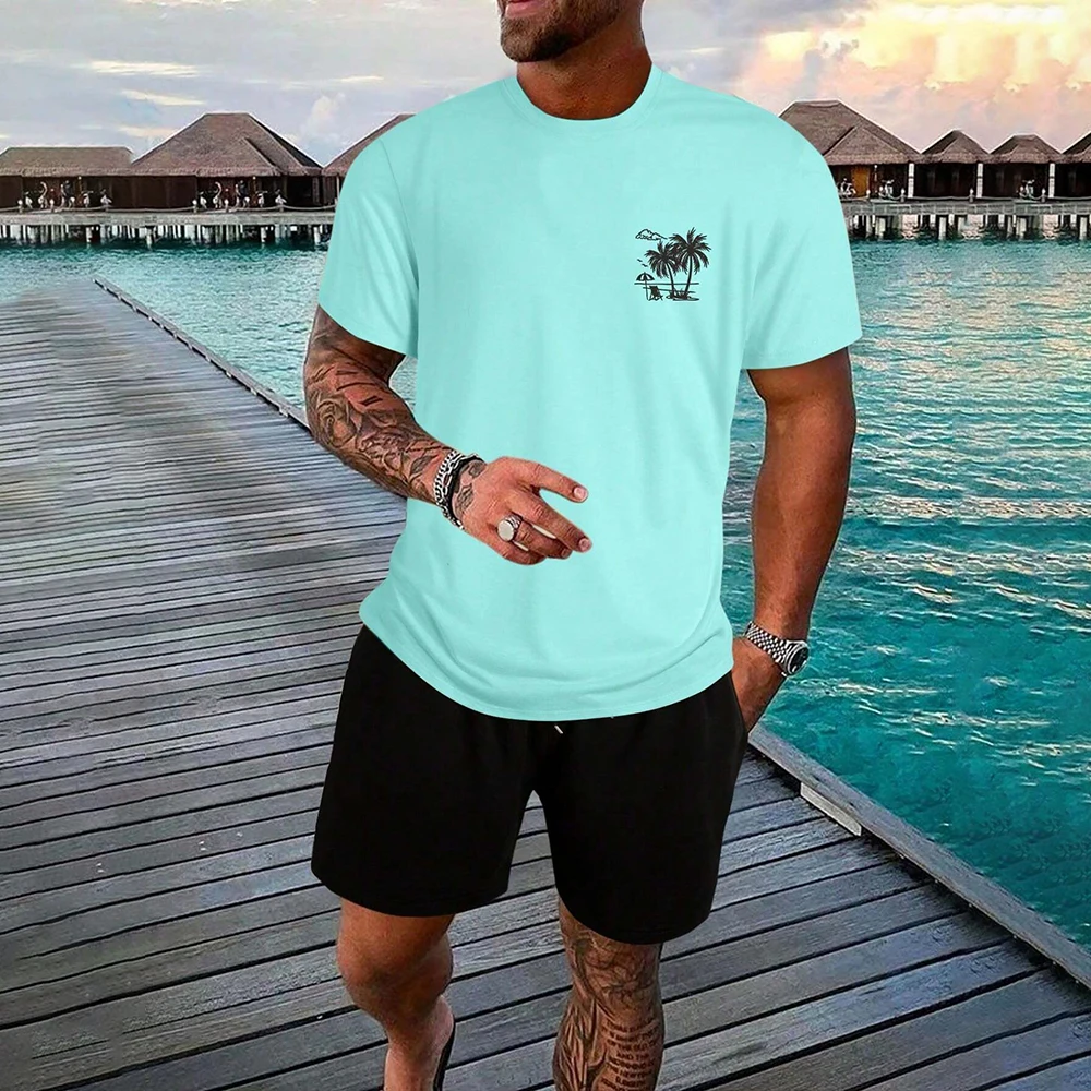 2024 Men\'s Short Sleeve T-shirt Sets Fashion Shorts 2-piece Set Black & Blue Printed Loose Casual T-Shirt Suits Men\'s Sportwear