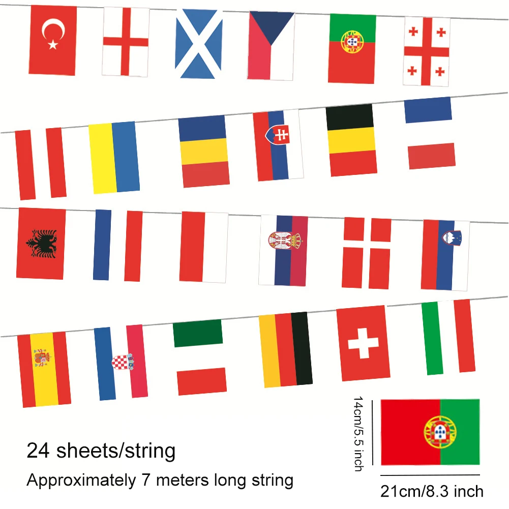 2024 Europa-Länder-Flagge, 7 m, 24 Länder, hängende Schnur-Flaggen, Bunting, nationale Schnur-Flaggen für Fußball-Event-Dekoration