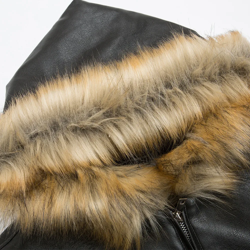 2025 الشتاء الرجال مشعر طوق مقنعين بولي Leather سترة جلدية منفذها القطن سميكة معطف دافئ النمط الأمريكي ملابس خارجية