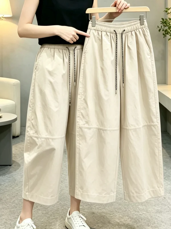 Summer Korean Style Casual Pants Women's Thin Wide Leg Balloon Pants Drawstring Nine Point Knife Pants Loose Fit Polyest...