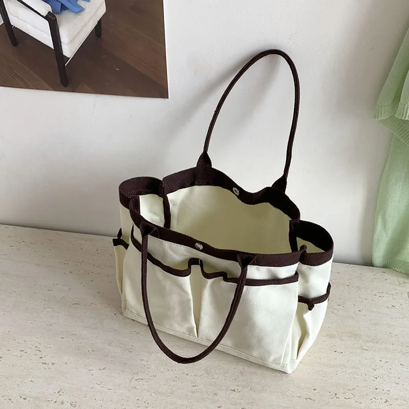 Canvas Tote Bag for Women Color Blocking Large Capacity Casual Handbags Autumn Winter Versatile Commuting Shoulder Bags