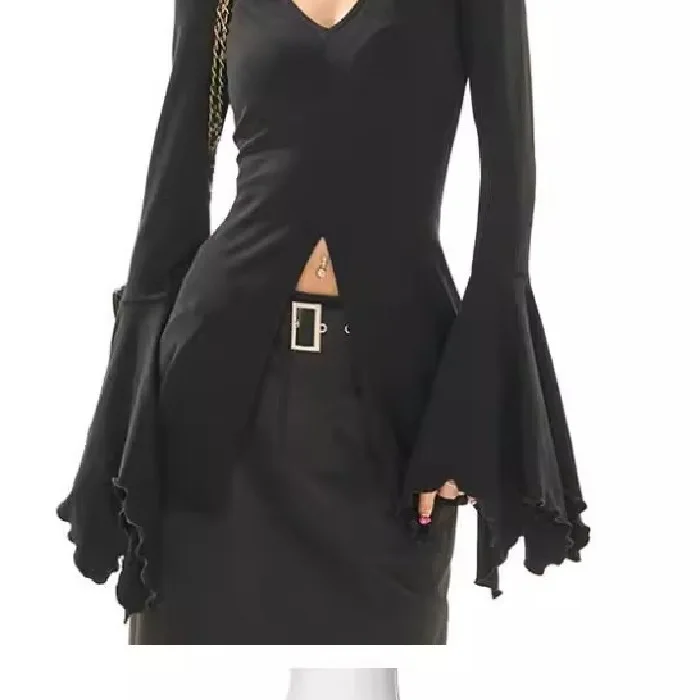 

2025 New Celebrity Dark Fairy Sleeve V-neck T-shirts Gothic Split Sexy Hem Female Blouses Y2k Black Slim Fashion Alt Tops