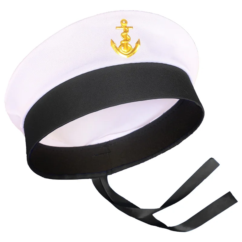 Black Streamer Hat Brimmed Flat Top Naval Sailor Cap Sea Cruise Ship Party Beach Vacation Headwear For Men Women Marine Cosplay