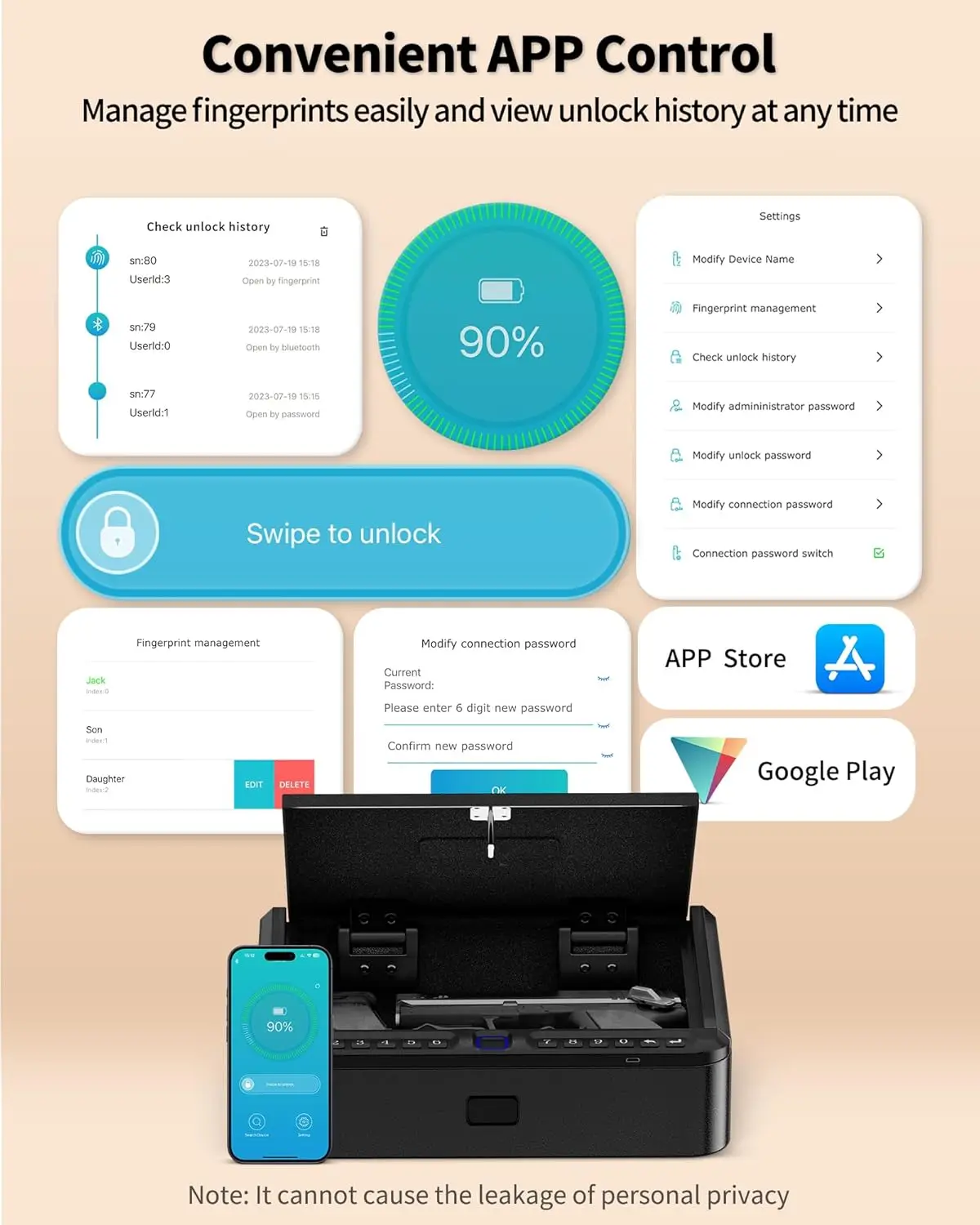 Smart Gun Safe with Security Cable - 4 Ways Quick Access with Fingerprint/PIN/Key/App Lock