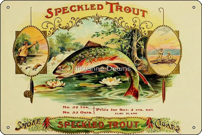 Etiqueta de caja de cigarros, vintage antiguo de 1905, trucha mojada, estampado de pesca con mosca, letrero de lata de Metal, decoración de pared de arte para el hogar divertido, 8x12 pulgadas
