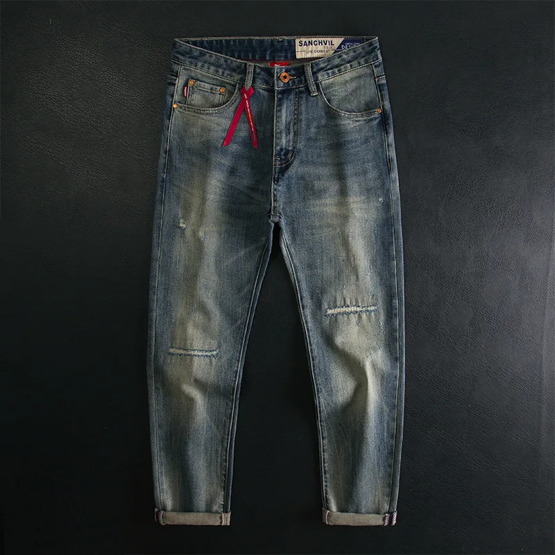 

Retro jeans men's high-end slim fit small straight tube elastic casual trend Street made denim pants