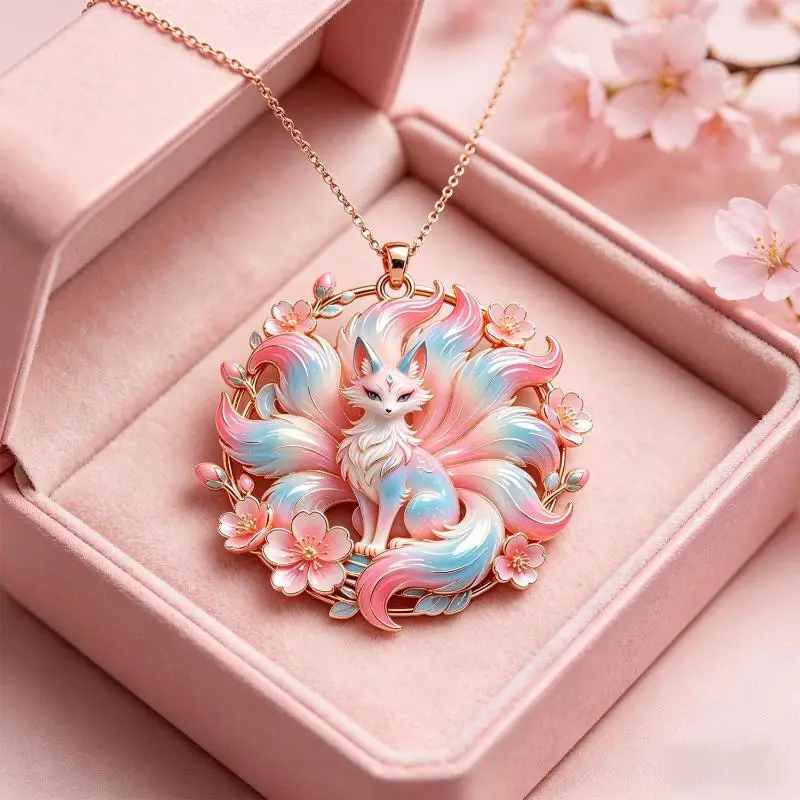Chinese Mythology Nine-tailed Fox Enamel Pendant Necklace Unique Retro Style Elegant Jewelry for Women Daily Wear Dating