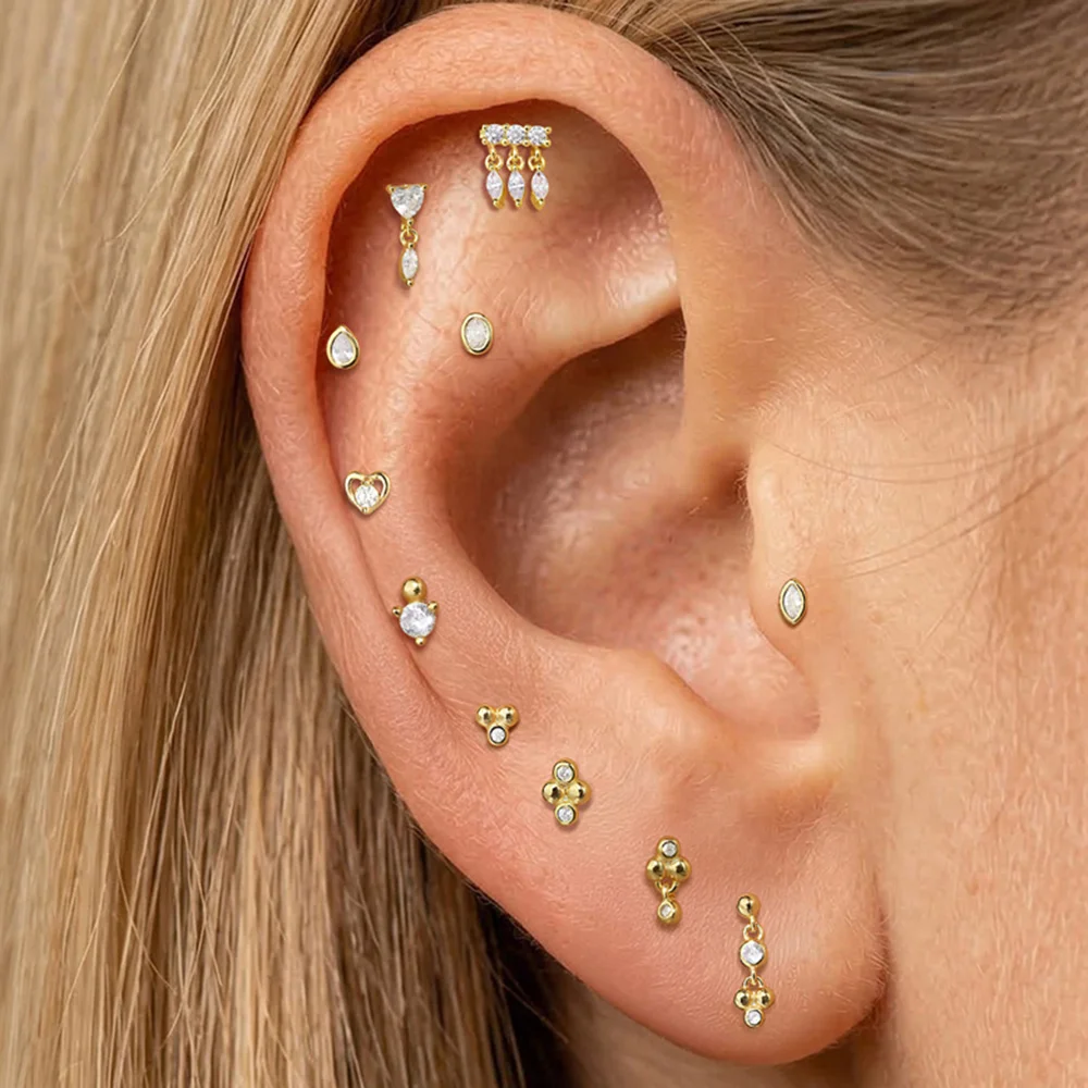 AIDE 925 Sterling Silver Classic Geometric Heart/Crown Zircon Mini Ball Tassel for Women Flat Back Spiral Puncture Ear Bone Nail