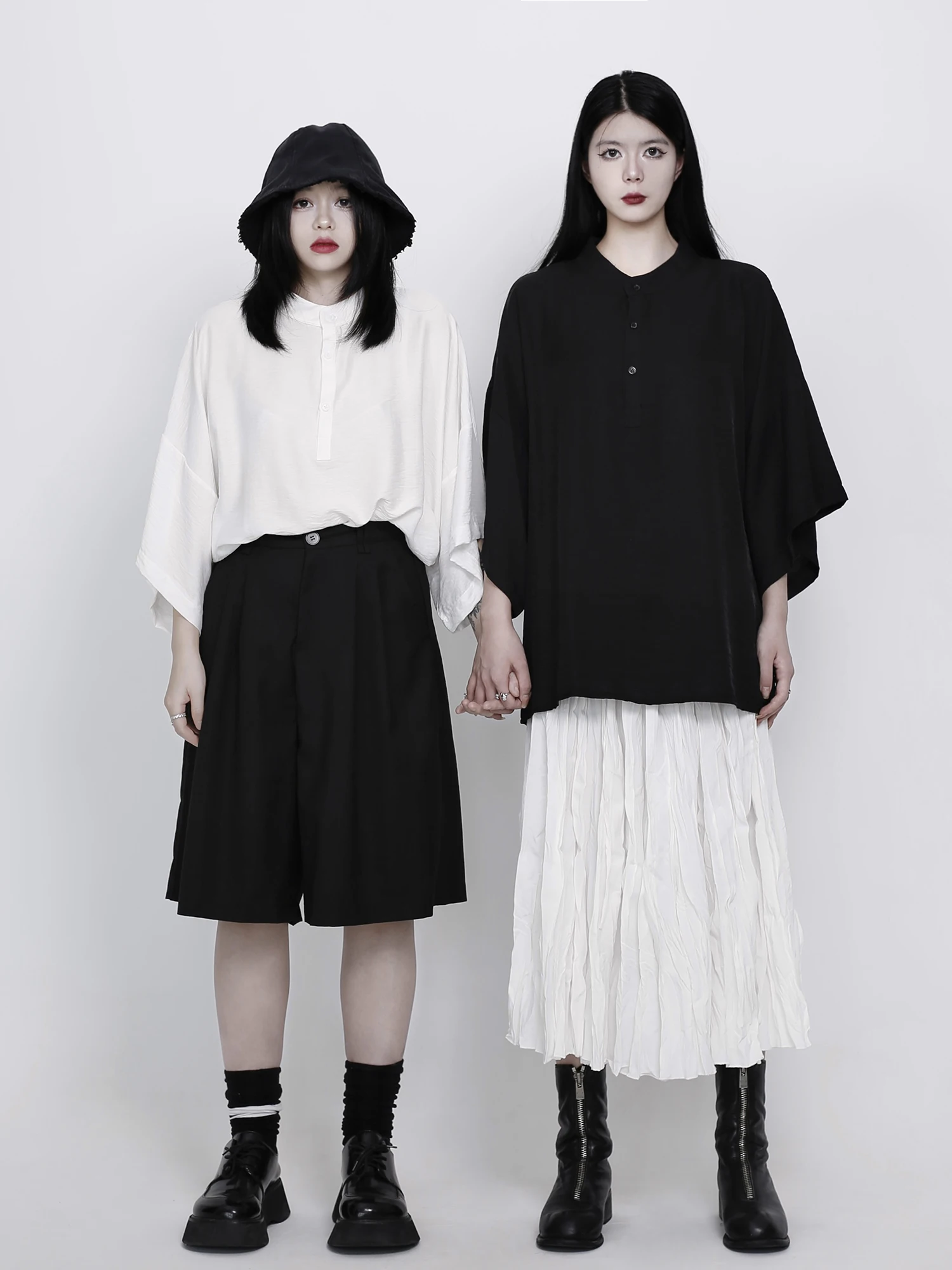 

Invisible Seeker Dark Artistic Women's Shirt Stand Collar Wide Sleeve Short Sleeve Loose Fit Breathable Polyester