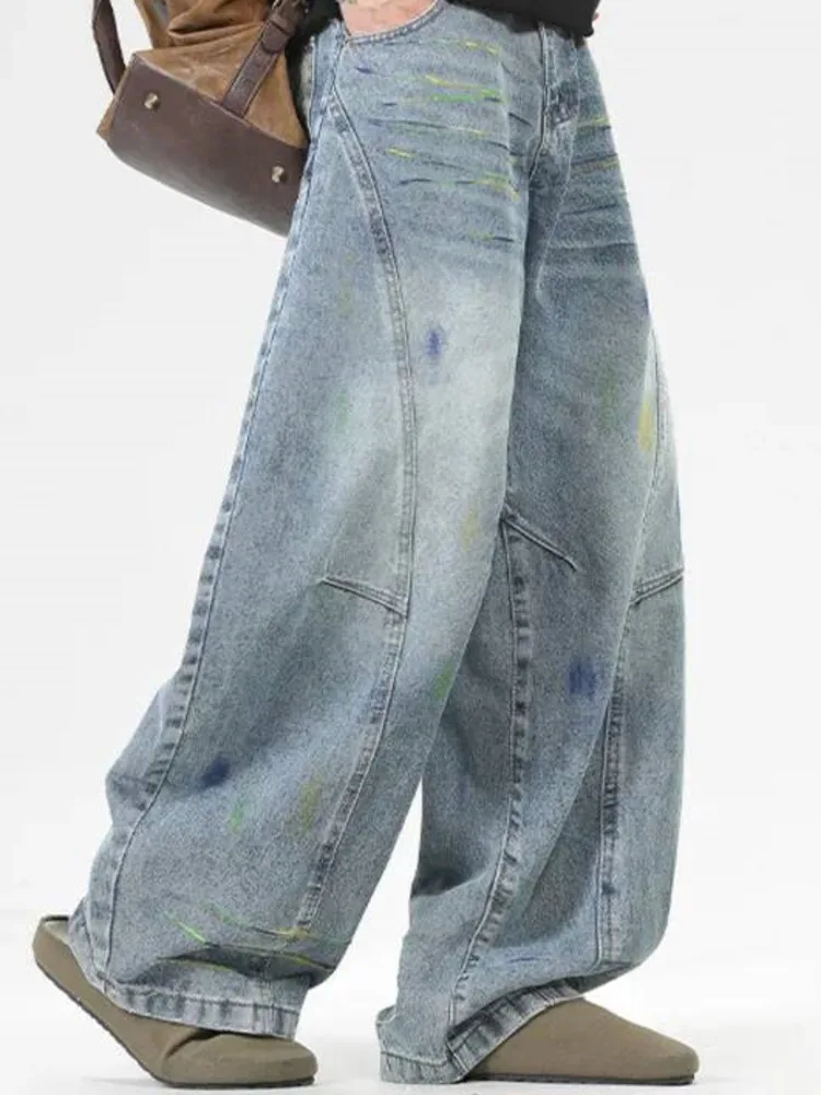 Washed Retro Men's Jeans Light Blue White Paint Splatter Loose Wide Leg Casual Denim Long Pants Summer Trousers HNCU