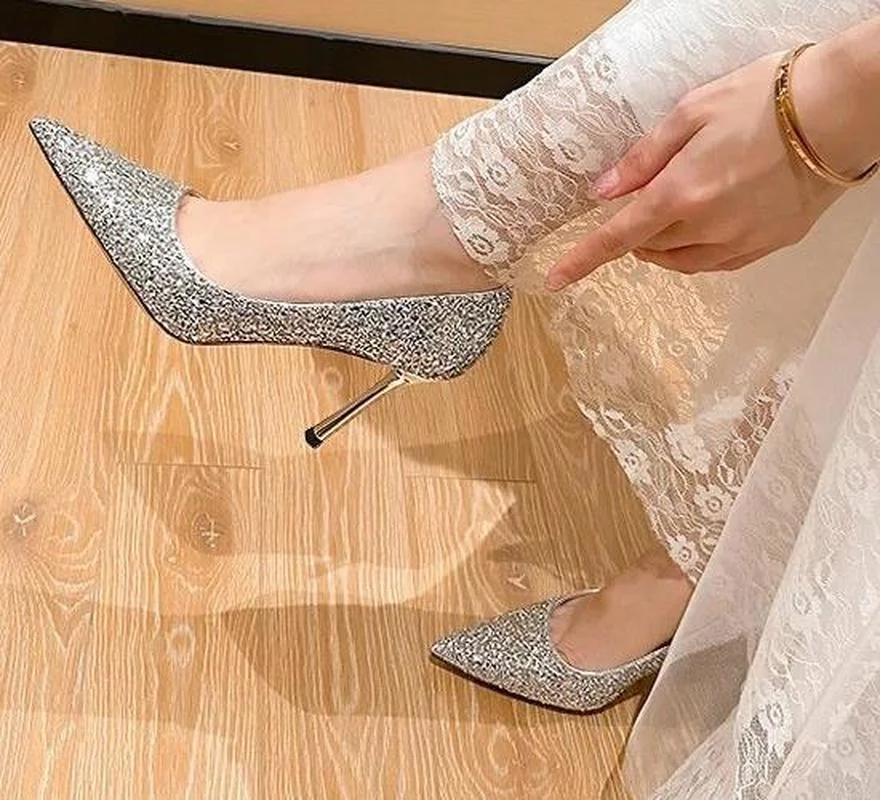 New Pointed Stiletto High Heels Shoes Sexy silver sequins Shallow Mouth Single Shoes Women\'s Work Dress Shoes High Heel Pumps