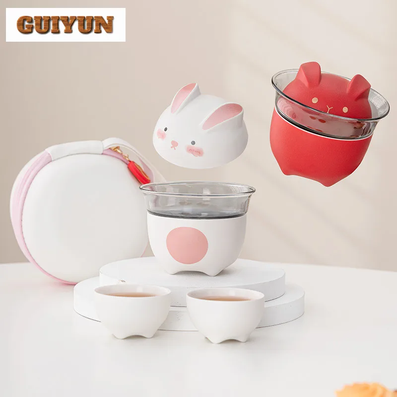 Cute Rabbit Portble Travel Tea Set Kit Aesthetic Tea Tools Set 1 Pot 3 Cups Tea Maker Glass Camping Outdoor Tote Bag Cafes Craft