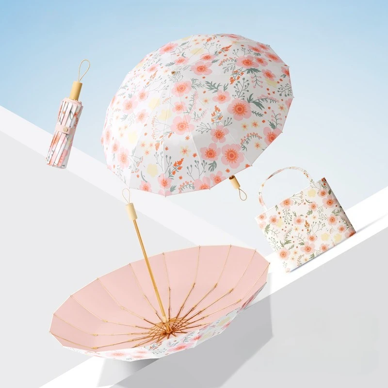 Flower Printing High-end Parasol, 16 Bone Color Glue Sunscreen Women Sun UV Umbrella, Manual Large Sunny and Rainy Umbrellas