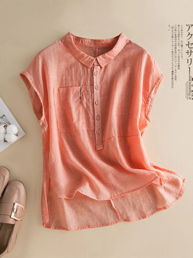 

Artistic Women's Linen irt ort Sve Tagl Casual Commute Sle Pure Color Loose Fit Button Detail Summer