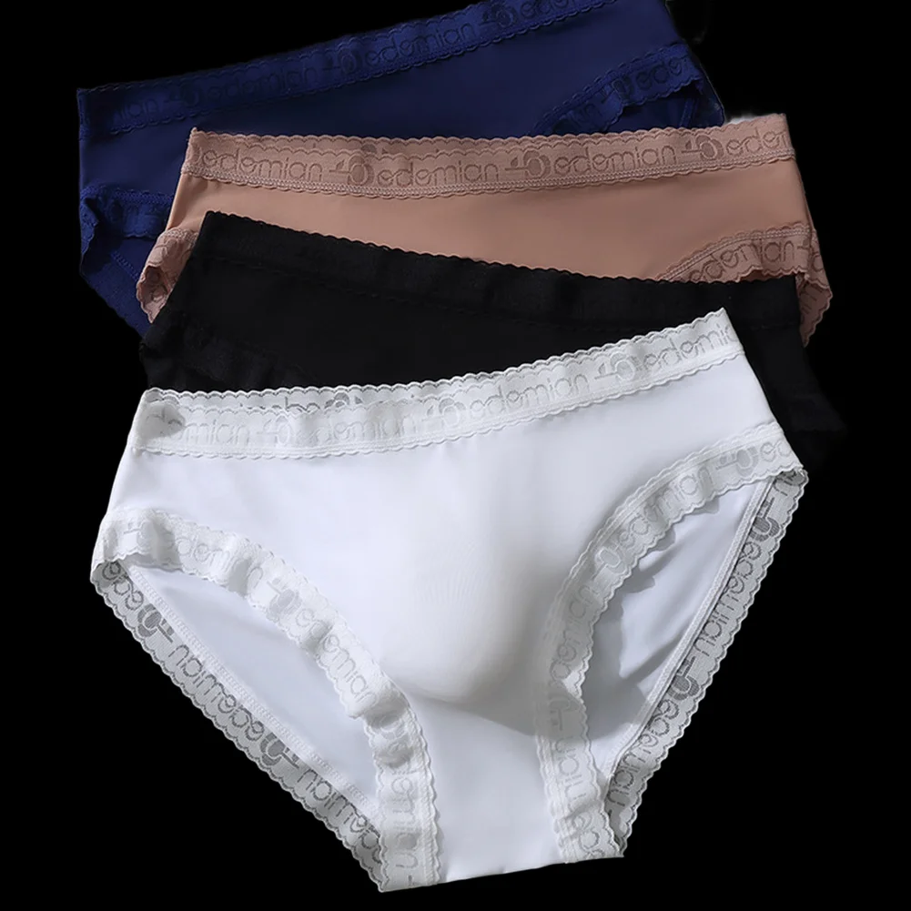 

Fashion Men Lace Trim Underpants Sexy Ultrathin Cooling Ice Silk Briefs Underwear Bulge Pouch Male Panties Solid Color
