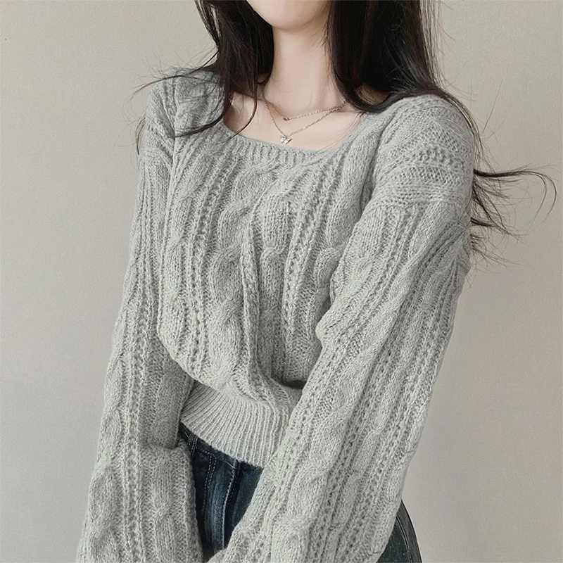 Vintage torção gola quadrada camisola feminina primavera outono chique cintura cinched recortado pullovers coreano cor sólida camisola de malha
