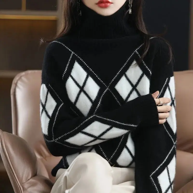 Korean Fashion Knitted Spliced Loose Women\'s Turtleneck Sweater Autumn Winter Casual Pullover Tops All-match Commute Sweaters