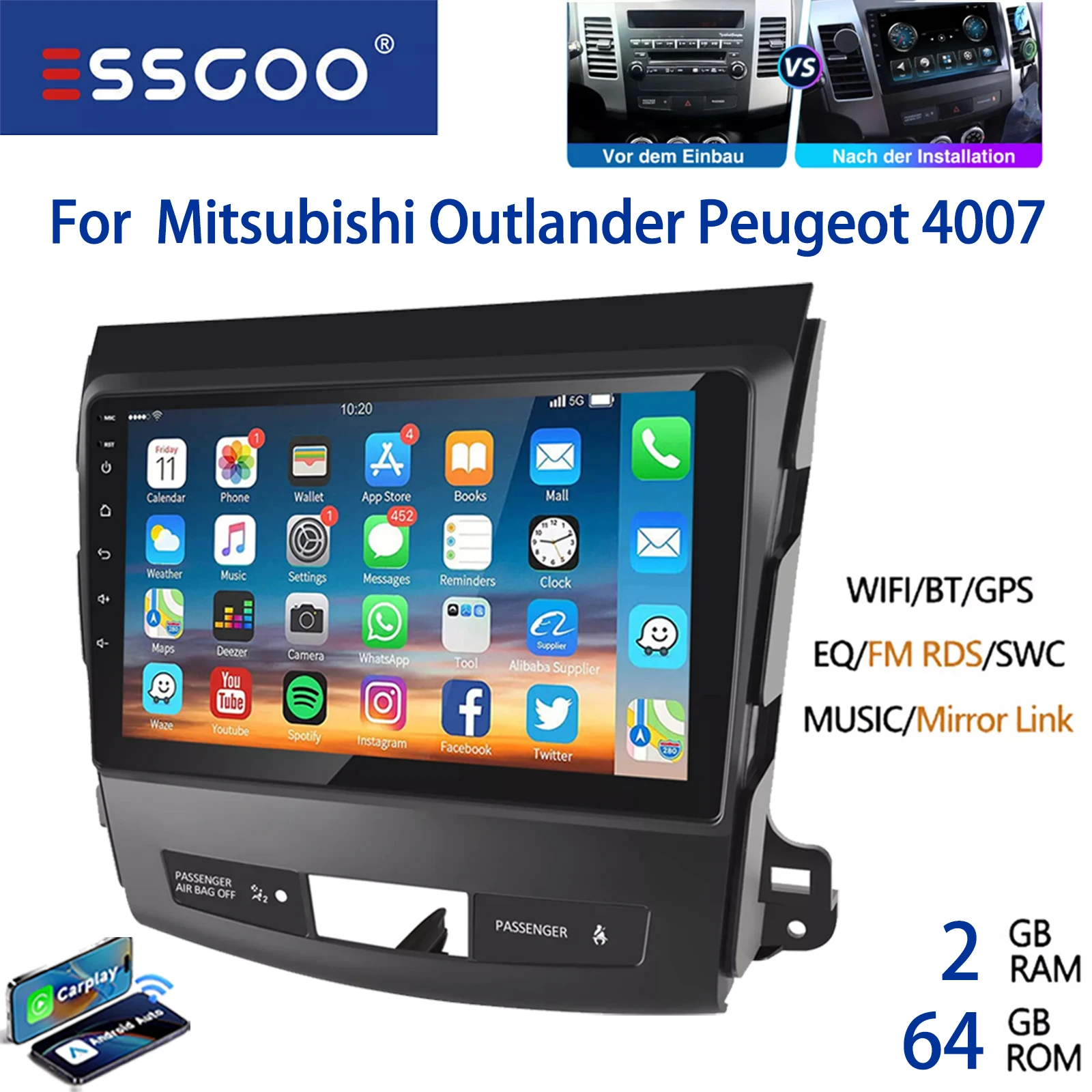 Autoradio ESSGOO Android 15 9 Inch 32G/64G voor Mitsubishi Outlander II 2006-2012 Peugeot Draadloze CarPlay Android Auto GPS Navigatie WiFi FM RDS Bluetooth Stuurwielbediening Mirror Link IPS