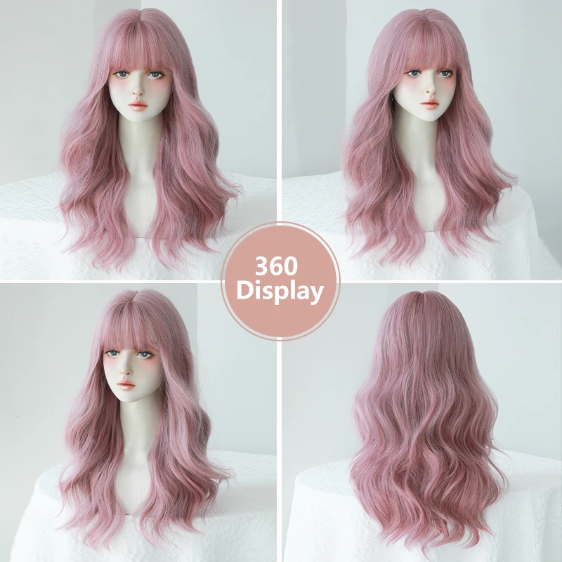 7JHH WIGS Purple Pink Wigs with Neat Bangs High Density Synthetic Loose Body Wave Hair Wig for Women Daily Use Heat Resistant