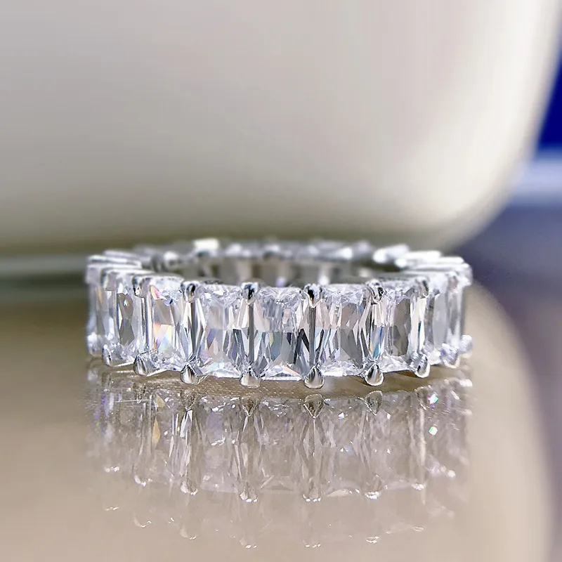 

Emerald Cut 100% Real Moissanite Rings for Women Wedding Full Diamond Full Eternity Bands S925 Sterling Silver Jewelry