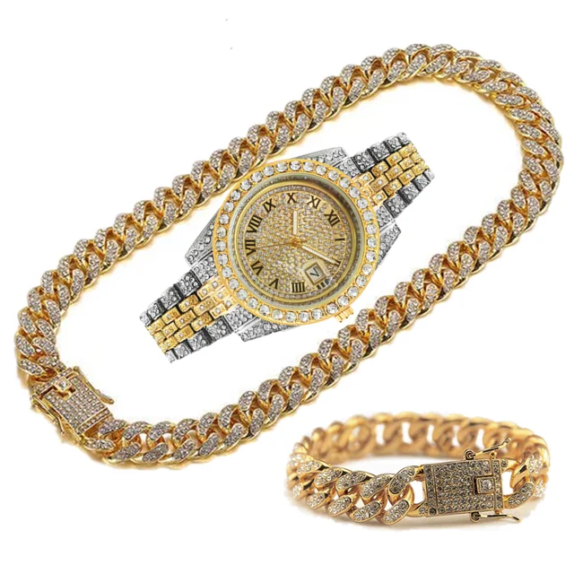 Full Iced Out Watches Men Gold Cuban Link Chains Bracelet Necklace Chokers Rapper Club Bling Fashion Jewelry for Men Watch Set