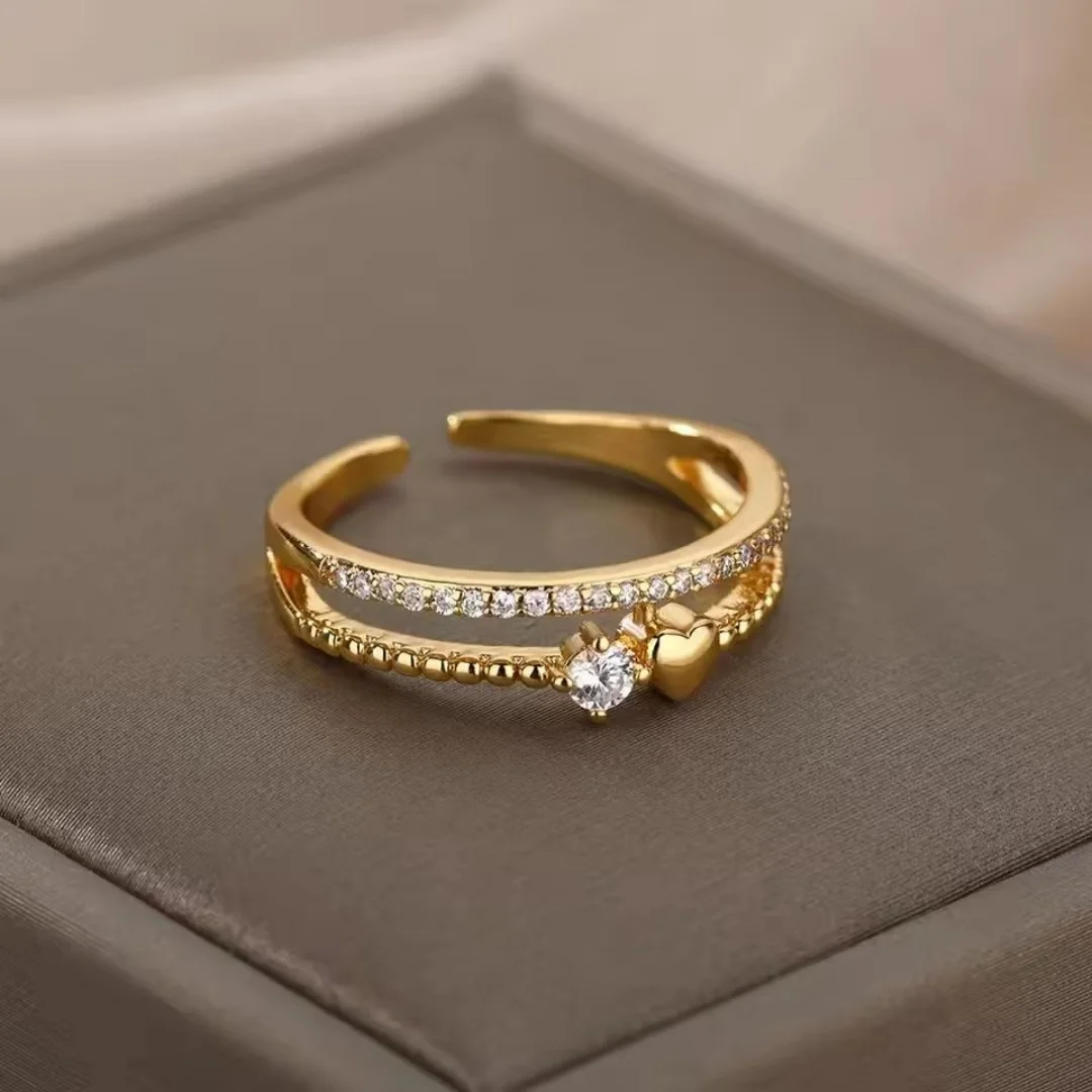 Ladies' Double-Layer Heart-Shaped Zircon Ring, Crystal Ring, Fashionable Wedding Jewelry, Couple Gift